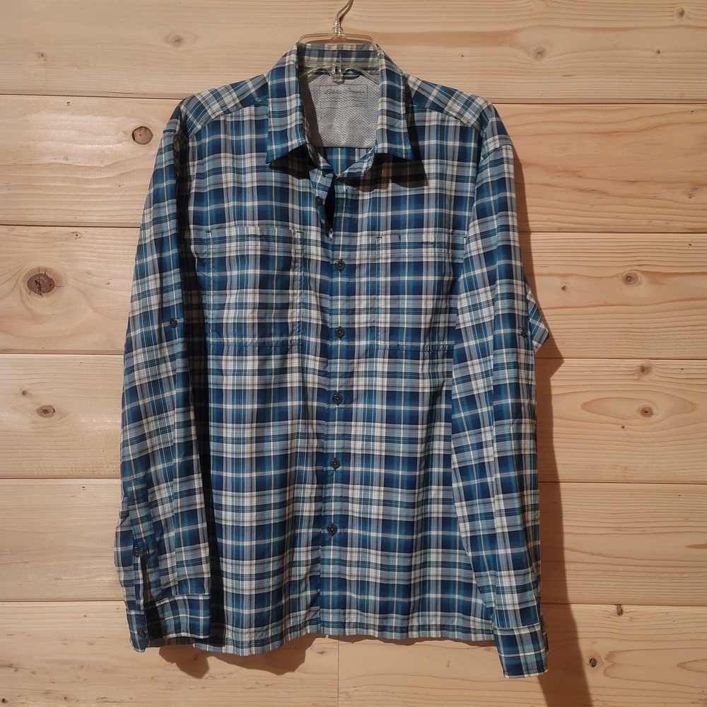 Eddie Bauer Blue Plaid Casual Button Down Shirt Size L 25.5x29